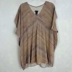Eileen Fisher size L tunic top grove printed silk crepe brown lagenlook artsy